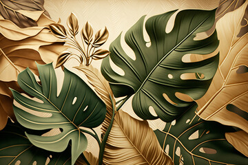 Elegant composition of tropical leaves with a vintage feel in earthy tones, ideal for sophisticated backgrounds.