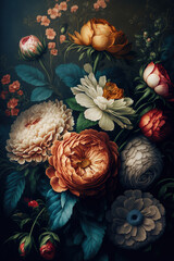 Bouquet of flowers, vintage painting style. Floral backdrop. AI