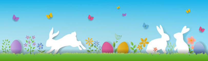 Fototapeta na wymiar Happy Easter Border With Flower And Rabbit Blue Sky