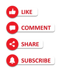 Like comment share subscribe buttons icons, Social media icons set. Like and subscribe button png illustration - obrazy, fototapety, plakaty
