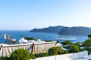 Obraz premium Great view of the sea, mountains and cruise ship. Santorini. Greece.