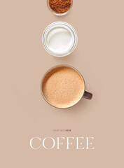 Creative layout made of coffee, milk and brown sugar on the beige background. Flat lay. Food concept.