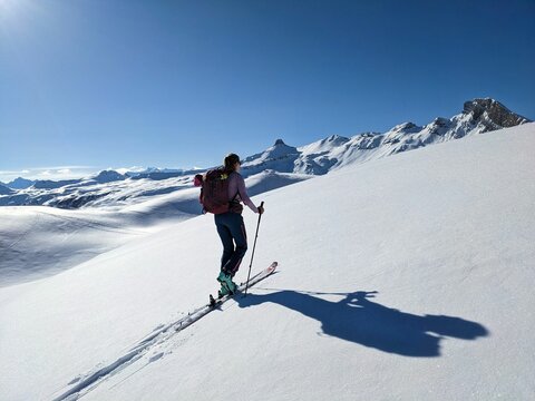 Ski tour with a view of the Spitzmeilen mountain in St. Gallen and Glarus. Ski mountaineering in the Swiss Alps. Skitour. High quality photo