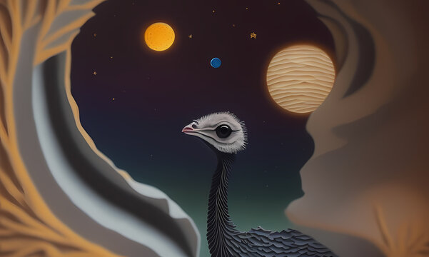 Paper application of a bird in an alien outer space. created with the help of artificial intelligence, the technology of our future. Generative AI.