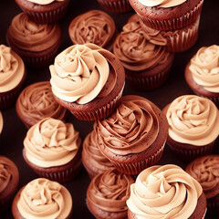 Seamless pattern with cupcakes, cakes with cream, food texture, sweets background. Generative AI