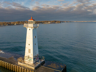 Early winter morning aerial photo of Sodus Point Lighthouse, Sodus, New York.  