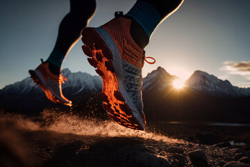 low angle view an athlete on a jog in the mountains. Generative ai