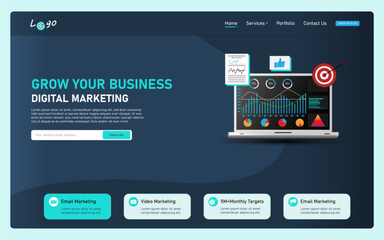 Digital Marketing web template, realistic laptop, web template for business and social media marketing, website, viral, target marketing, seo, keywords, internet marketing, vactor website template