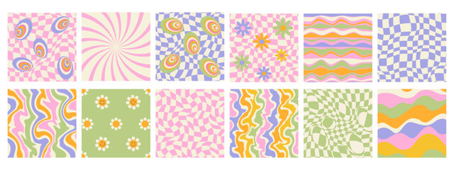 Poster with 70s retro style. Big set of isolated 1970s Retro pattern groovy trippy. Wavy Swirl Pattern. Flowers and psychedelic patterns. Abstract background. Hippie Aesthetic. Vector Illustration