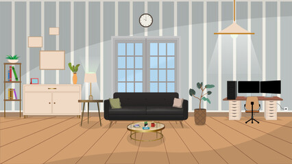 House interior with sofa. Home office working space computer table.