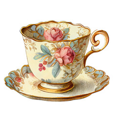 Vintage Teacup, Antique Cup of Tea, Old Porcelain, Isolated on Transparent Background. Generative AI
