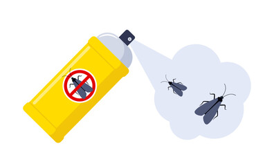 Spraying insecticide on moth. Pest control. Aerosol for bug bite prevention. Vector illustration. - obrazy, fototapety, plakaty