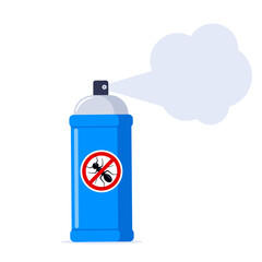 Repellent spray in the blue bottle. Protection from the ant and other insect. Aerosol for bug bite prevention. Black ant silhouette crossed in red circle. Vector illustration.