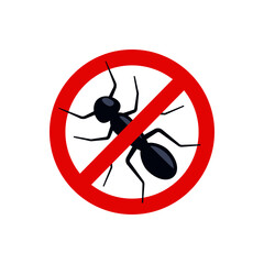 Anti ant, pest control. Stop insects sign. Silhouette of ant in red forbidding circle, vector illsutration. No ant insects sign. Vector illustration.
