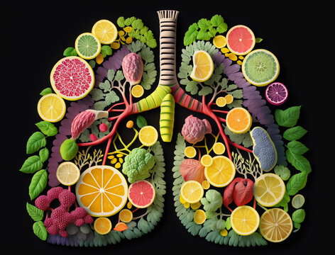 Top view of human lungs shaped fruit slices and vegetables. Nutritions for pulmonary health.