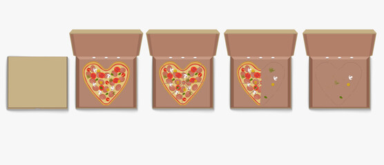 A set of illustrations of pizza-heart. A top view of a whole, cut and a slice of pizza