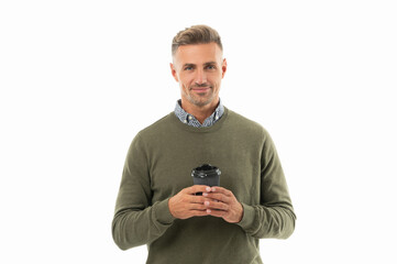 smiling man at coffee break isolated on white. man at coffee break in studio.