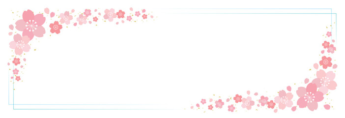 桜の花と細ラインの四角フレーム 背景 バナー/横長・水色