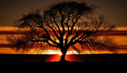 Reaching for the Sky: A Lone Tree's Outstretched Branches Against a Vibrant Sunset (created with Generative AI)