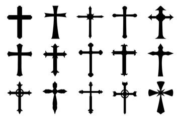 Set of isolated Christian cross silhouette and religion symbol icon vector