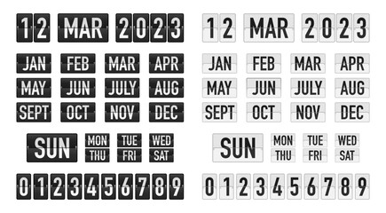 Scoreboard flip font. Vector realistic mechanical scoreboard with months, numbers, day of weeks on panel. Countdown timer for arrival and departure airport signs, web, railway station, date counter.