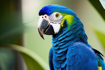 Ara parrot in the treetops in a tropical rainforest. Comforting atmosphere Sunlight lighting.Romantic atmosphere, bright flowers and leaves, exotic plants, vines.