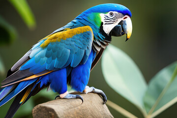 Obraz premium Ara parrot in the treetops in a tropical rainforest. Comforting atmosphere Sunlight lighting.Romantic atmosphere, bright flowers and leaves, exotic plants, vines.