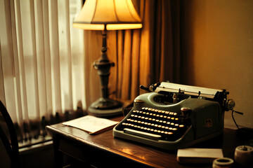 An old typewriter stands on a desk in an empty hotel room. ai generative