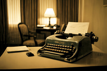 An old typewriter stands on a desk in an empty hotel room. ai generative