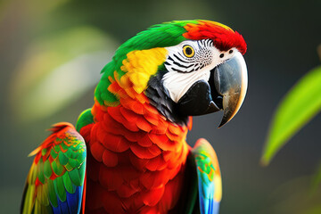 Ara parrot in the treetops in a tropical rainforest. Comforting atmosphere Sunlight lighting.Romantic atmosphere, bright flowers and leaves, exotic plants, vines.