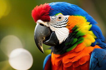 Ara parrot in the treetops in a tropical rainforest. Comforting atmosphere Sunlight lighting.Romantic atmosphere, bright flowers and leaves, exotic plants, vines.
