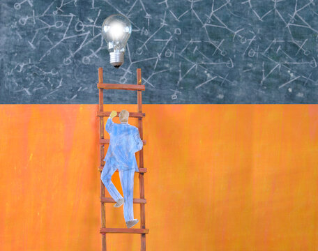 Businessman on a ladder climbing up to a lightbulb, innovation,idea,success,human resouces, networking business concept
