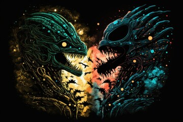 Illustration of an alien conflict for a t shirt design. Generative AI