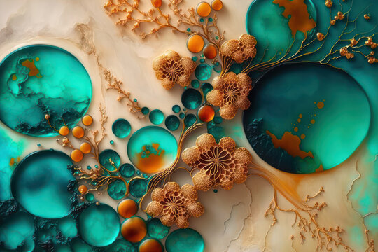 Generative AI illustration image of beautiful colorful abstract alcohol ink spill with gold filigree inserts on marble base