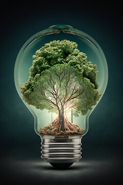 Green tree inside light bulb, altenative energy concept. Generative AI.