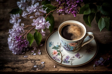 Fototapeta na wymiar Beautiful Coffee Cup On Wooden Table With Spring Flowers, Beautiful Cup Of Coffee On A Wooden Table With Spring Flowers, Generative Ai
