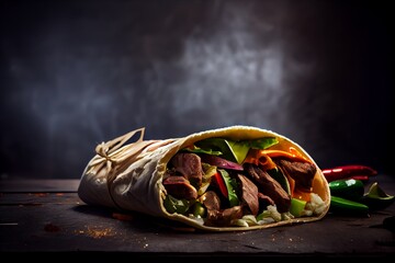 Tortilla with meat and vegetables on a dark background. Generative AI