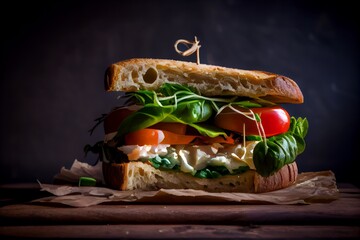 Sandwich with tomato, mozzarella and spinach on wooden background. Generative AI