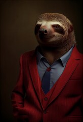 Portrait of a sloth in a red jacket and blue tie, Generative AI
