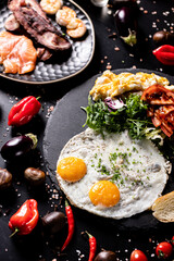 Gourmet Breakfast with Seafood and Eggs Delicious Dish with Mussels and Shrimp Appetizing Plate of Culinary Delights Culinary Art: Eggs, Mussels, and Sauce Tasty Breakfast with Seafood and Bread