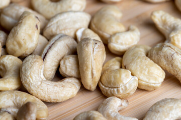 Fresh peeled cashew nuts on the table