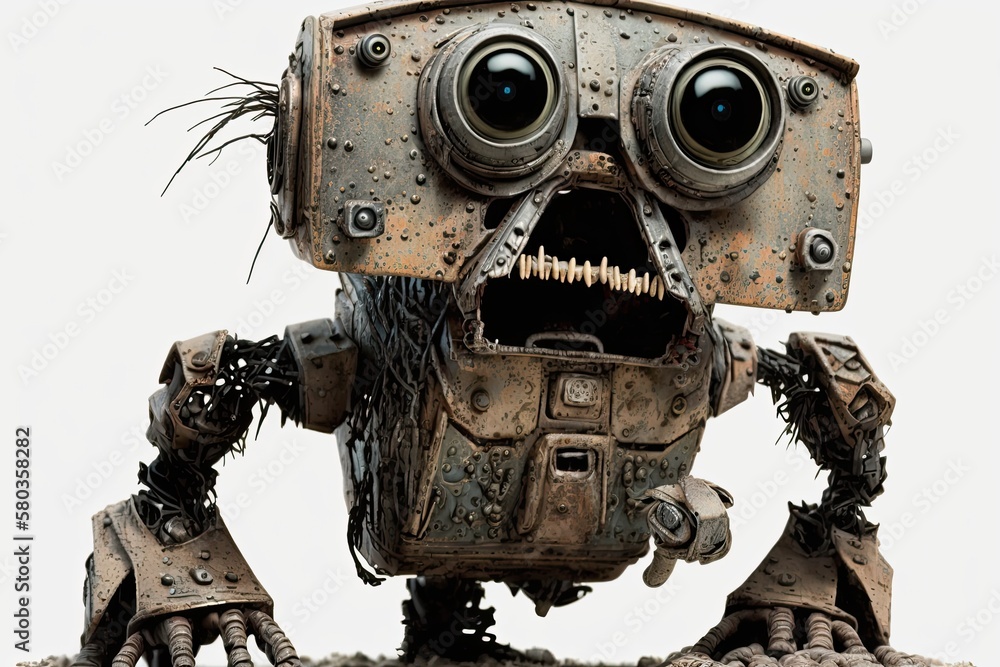 Aufkleber dated robot is terrified on a white backdrop. up close view,. generative ai
