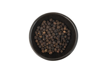 Peppercorns (black pepper) in black bowl isolated on white background with clipping path