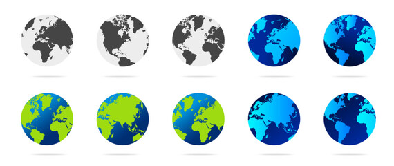 Earth globe set with green, blue and dark color vector illustration. world globe bundle. World map in globe shape. Earth globes Flat style.