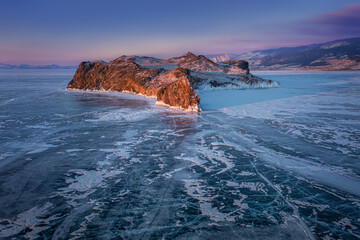 Winter ice landscape on Siberian lake Baikal