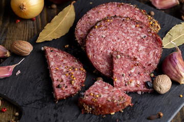 Sliced salami using beef meat with spices