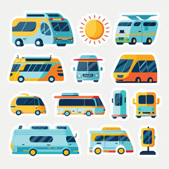 Sticker Style Eco Or Electric Bus Icon Set.