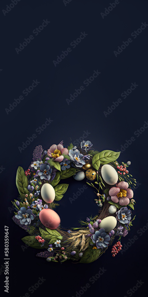 Sticker Easter Concept with Colorful Flower, Decorative Eggs, and Circular Arch.