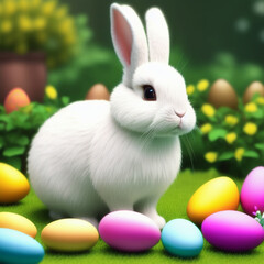 Fototapeta na wymiar cute little easter bunny with easter eggs