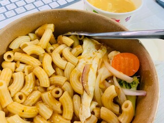 Mushroom Macaroni served with Broccoli and Carrots